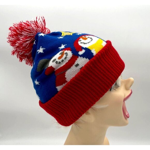 Matching Snowman Knit Scarf & Pom Ribbed Hem Beanie Set With Stars & Fringe OS - Picture 4 of 12